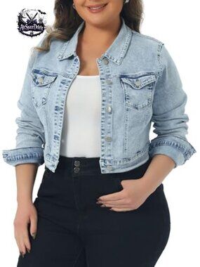 Plus Size Cropped Denim Jacket Button Down Stitching Casual